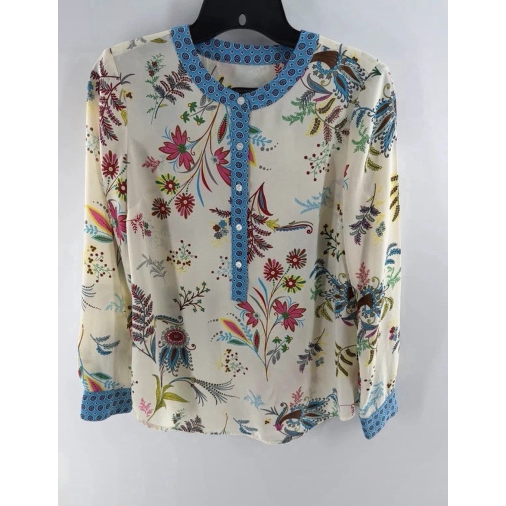 TALBOTS Women's Blouse Petite Sm Cream Floral  Popover Top Long Sleeve Sheer